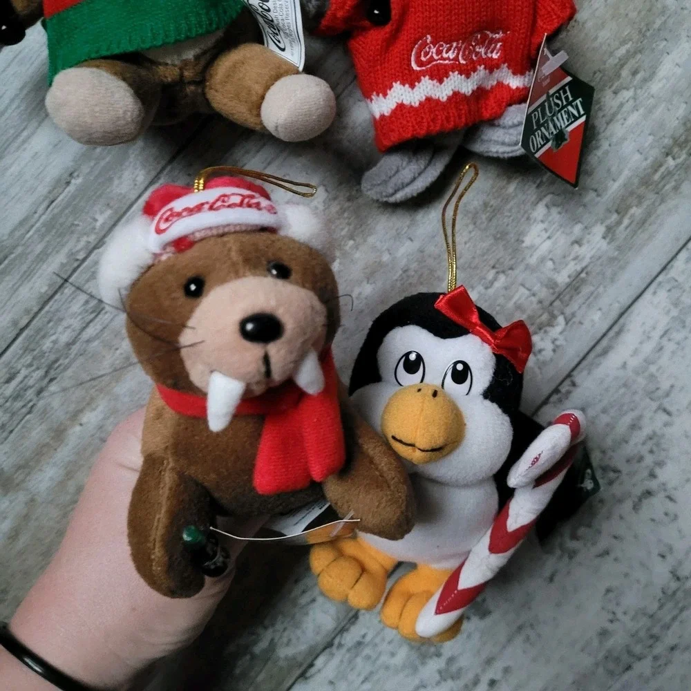 Lot of 4 Vintage Coca-Cola Plush Bean Bag Ornament Penguin Seal Walrus Moose NWT